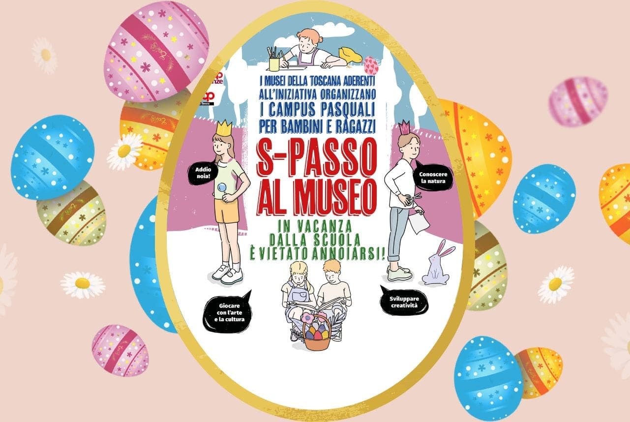 I Campi pasquali al Museo Paleontologico rappresentati da un grande uovo di Pasqua riempito con l'immagine utilizzata dalla Regione Toscana per le locandine
