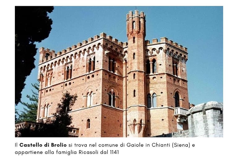 Foto del Castello di Brolio, tenuta della famiglia Ricasoli, realizzato in muratura di colore rosso. Nella facciata sono presenti molte bifore e merlature sul tetto
